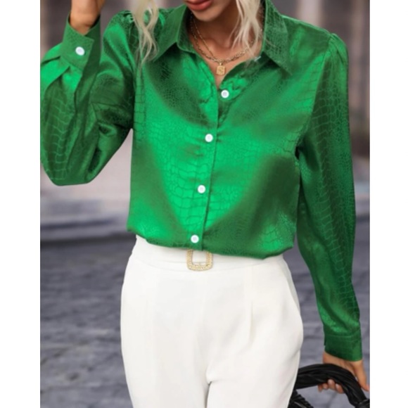 Luxe jacquard button down satin blouse - Picture 5 of 16